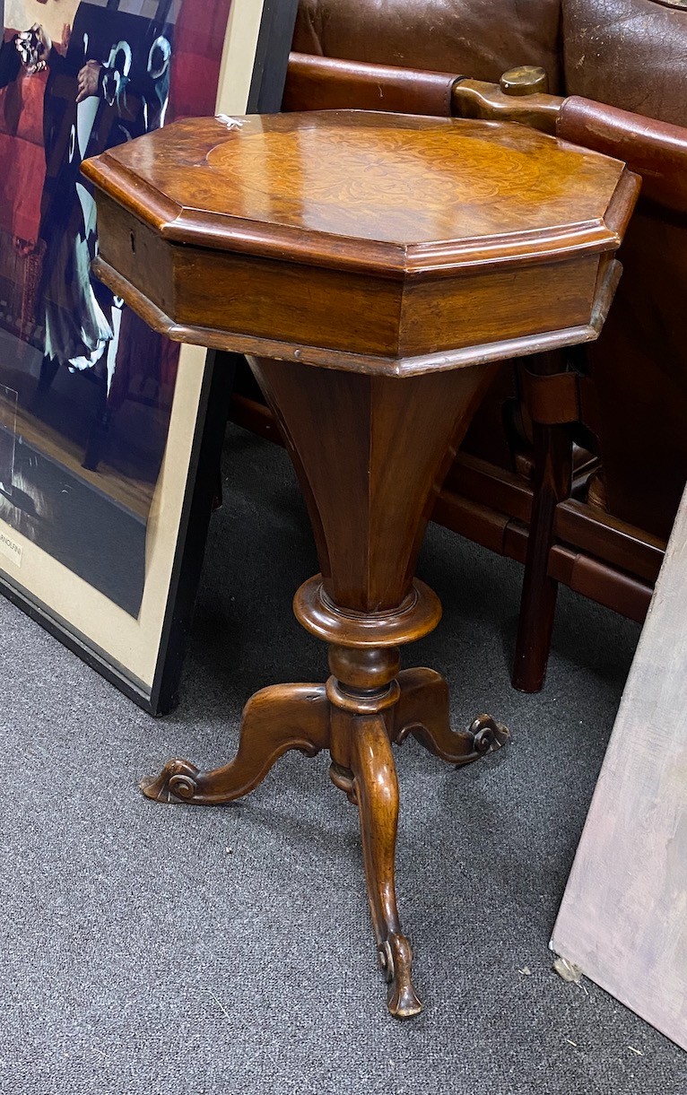 A Victorian inlaid walnut octagonal trumpet work table, width 40cm, height 72cm